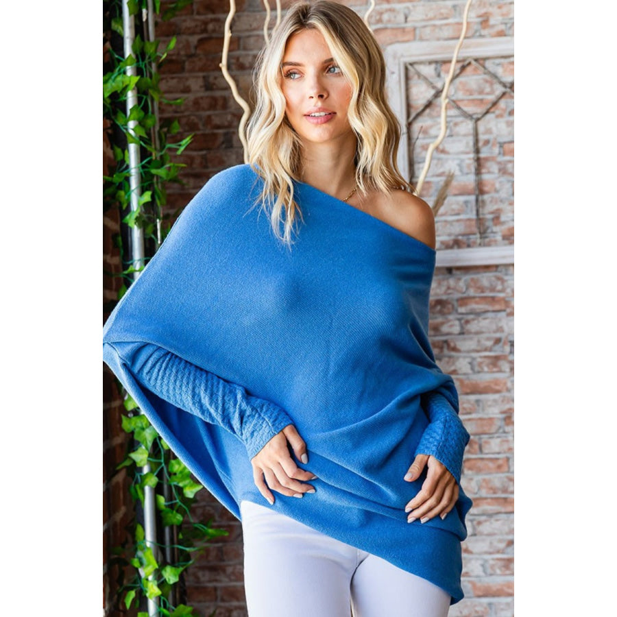 First Love Full Size Asymmetrical Hem Dolman Sleeve Sweater French Blue / One Size-Regular Apparel and Accessories