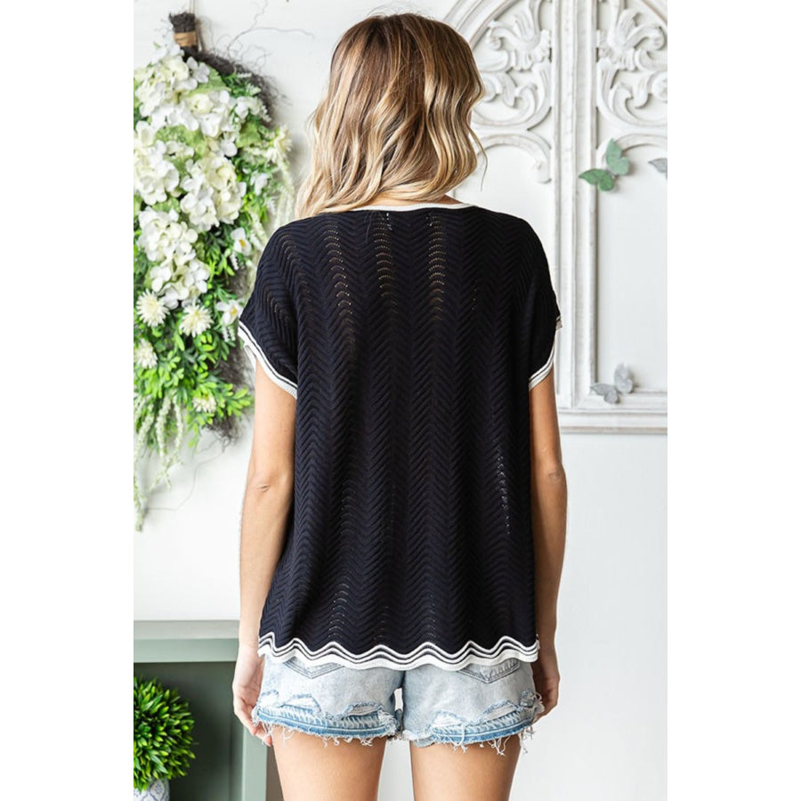First Love Full Size Contrast Wavy Crochet Drop Shoulder Knit Top Black / S Apparel and Accessories
