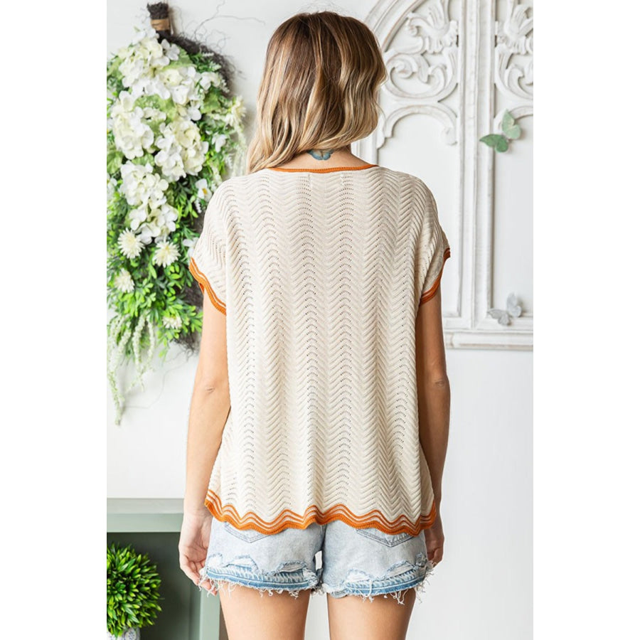 First Love Full Size Contrast Wavy Crochet Drop Shoulder Knit Top Apparel and Accessories