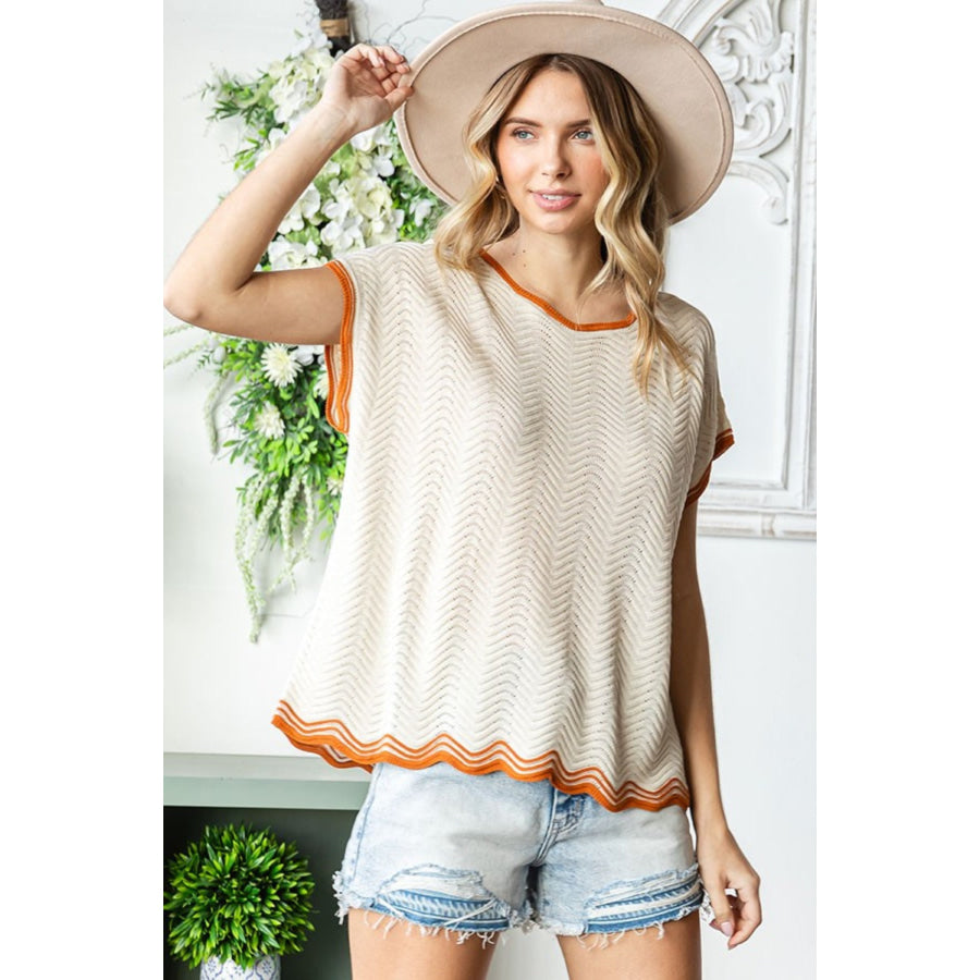 First Love Full Size Contrast Wavy Crochet Drop Shoulder Knit Top Beige / S Apparel and Accessories