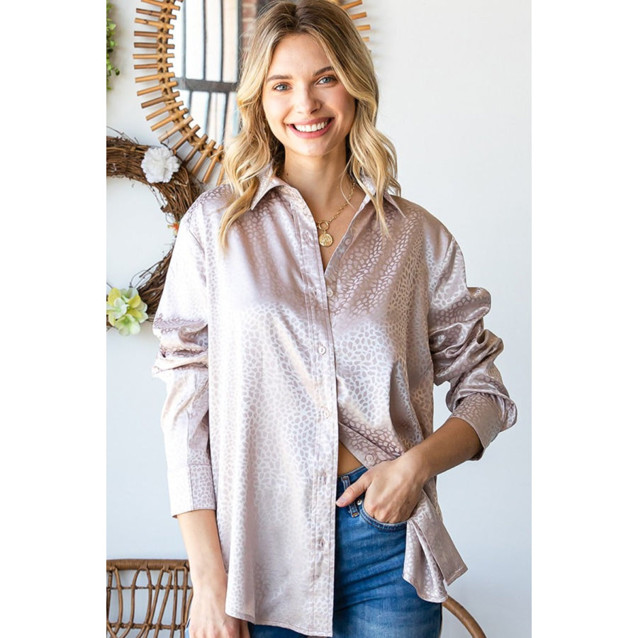 First Love Full Size Ditsy Dot Button Down Collared Satin Shirt Sand / S Apparel and Accessories