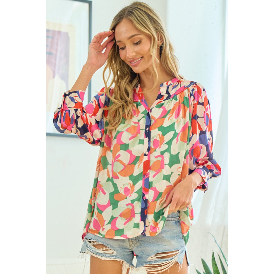 First Love Full Size Floral Button Down Satin Shirt Apparel and Accessories