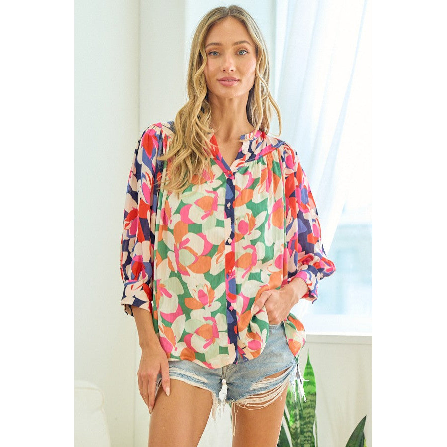 First Love Full Size Floral Button Down Satin Shirt Apparel and Accessories