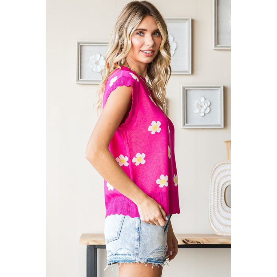 First Love Full Size Flower Pattern Round Neck Sweater Vest Apparel and Accessories