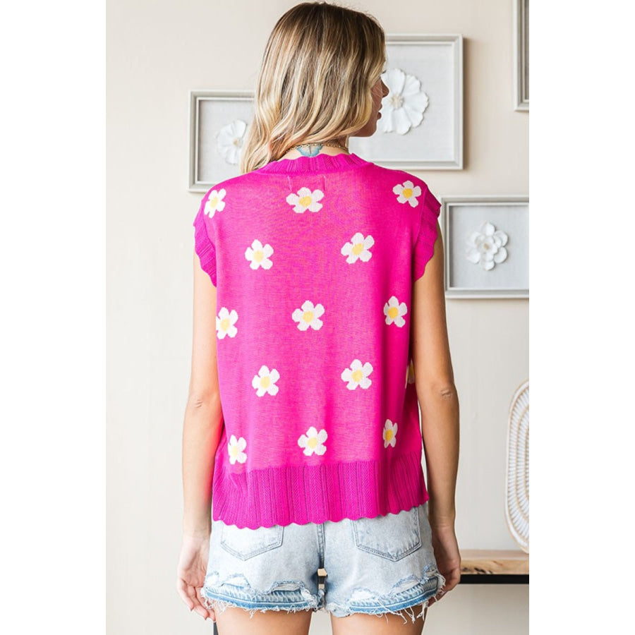 First Love Full Size Flower Pattern Round Neck Sweater Vest Apparel and Accessories