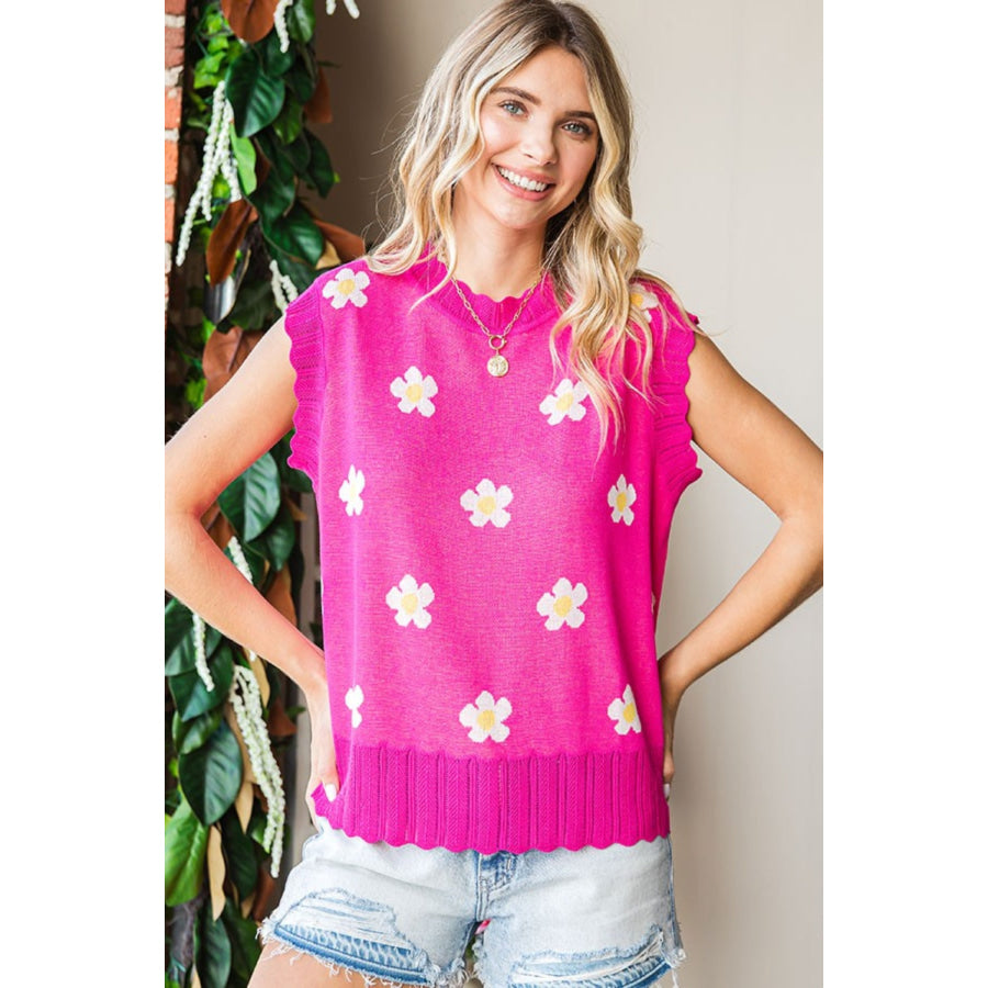 First Love Full Size Flower Pattern Round Neck Sweater Vest Fuchsia / S Apparel and Accessories