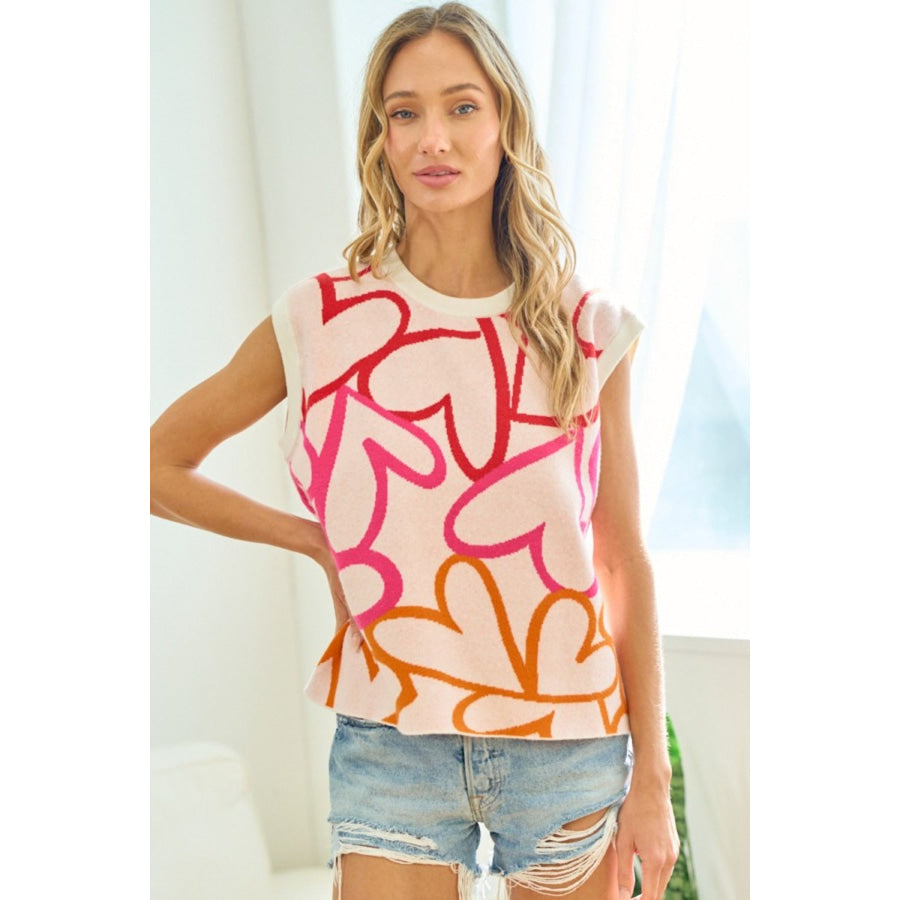 First Love Full Size Multicolor Heart Pattern Knitted Vest Multi / S Apparel and Accessories