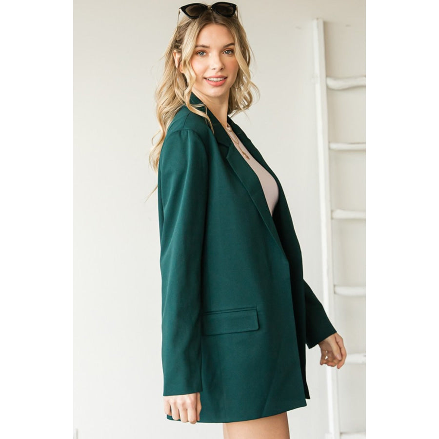 First Love Full Size Open Front Long Sleeve Blazer with Pockets Hunter Green / S Apparel and Accessories