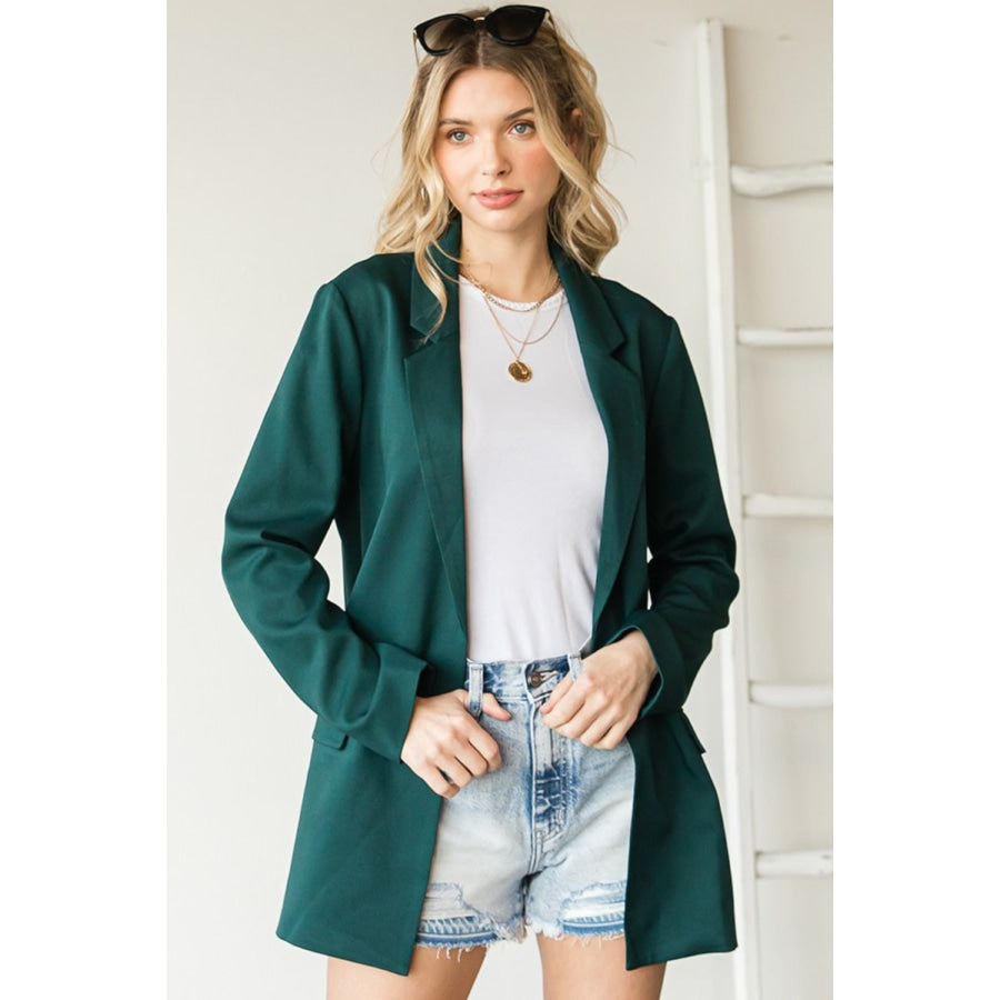 First Love Full Size Open Front Long Sleeve Blazer with Pockets Hunter Green / S Apparel and Accessories