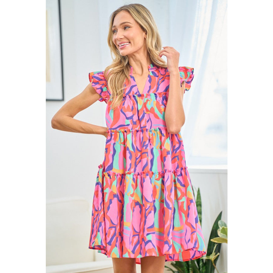 First Love Full Size Printed Ruffle Cap Sleeve Tiered Dress Apparel and Accessories