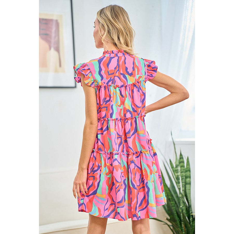 First Love Full Size Printed Ruffle Cap Sleeve Tiered Dress Apparel and Accessories