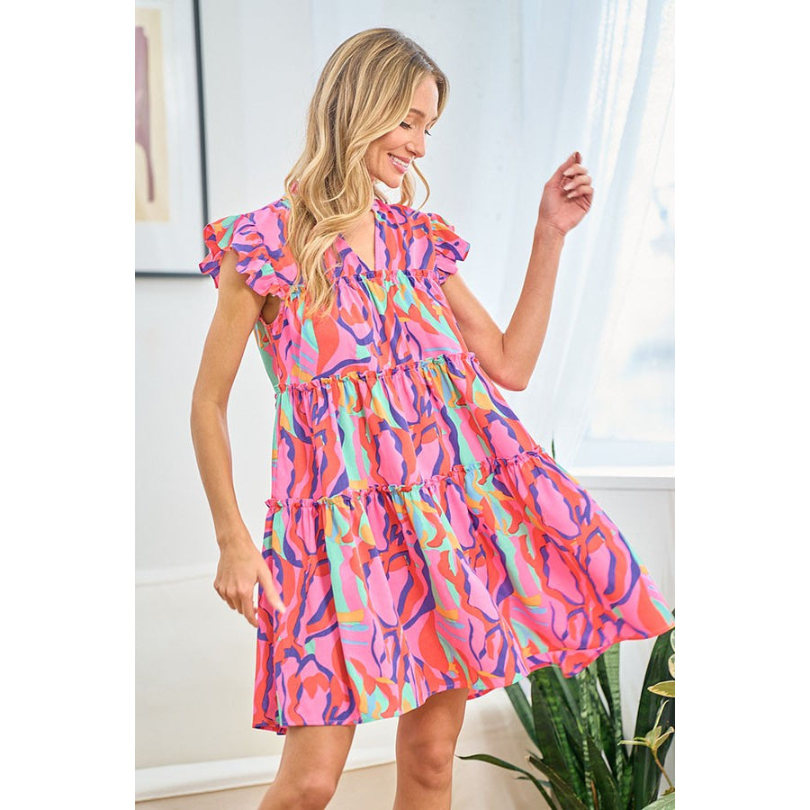 First Love Full Size Printed Ruffle Cap Sleeve Tiered Dress Multi / S Apparel and Accessories