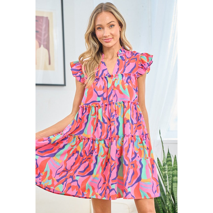 First Love Full Size Printed Ruffle Cap Sleeve Tiered Dress Multi / S Apparel and Accessories