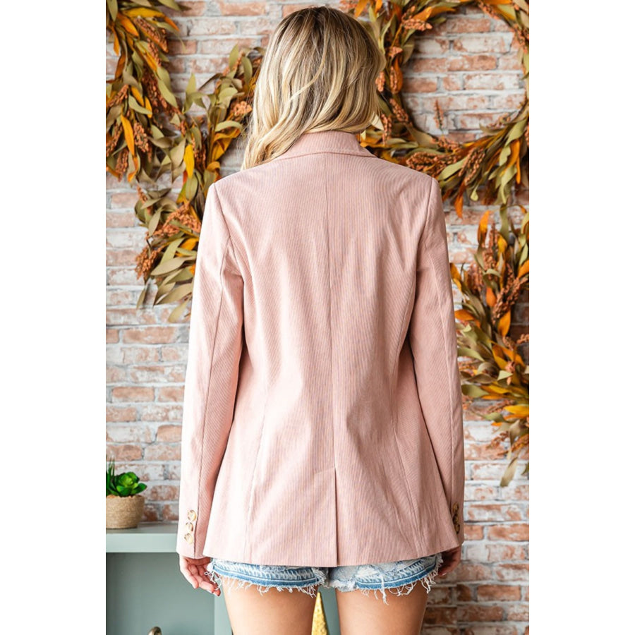 First Love Full Size Single-Breasted Flap Pocket Corduroy Blazer Rose / S Apparel and Accessories
