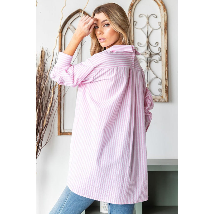 First Love Full Size Striped Button Down High-Low Hem Shirt Pink / S Apparel and Accessories