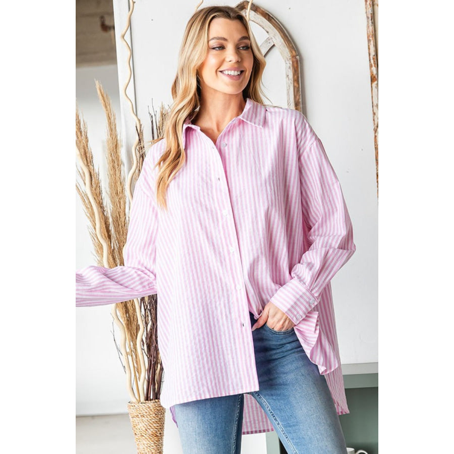 First Love Full Size Striped Button Down High-Low Hem Shirt Apparel and Accessories