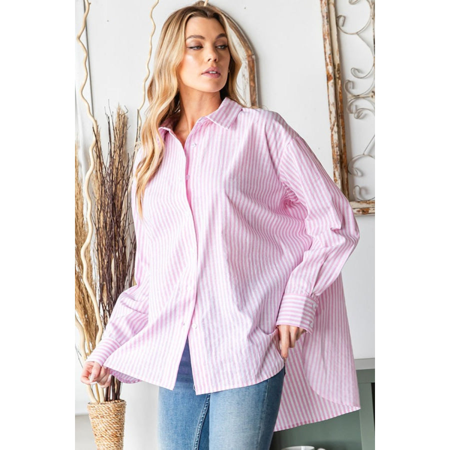 First Love Full Size Striped Button Down High-Low Hem Shirt Apparel and Accessories