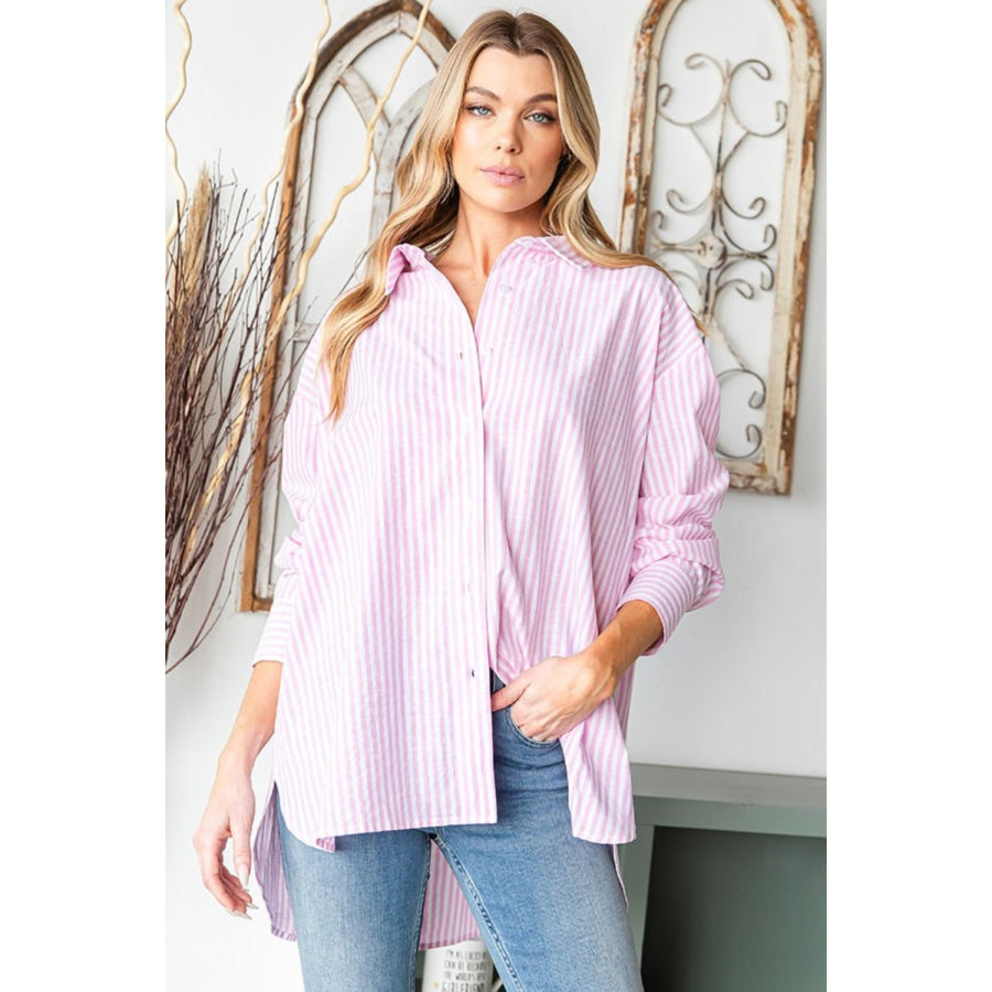 First Love Full Size Striped Button Down High-Low Hem Shirt Apparel and Accessories