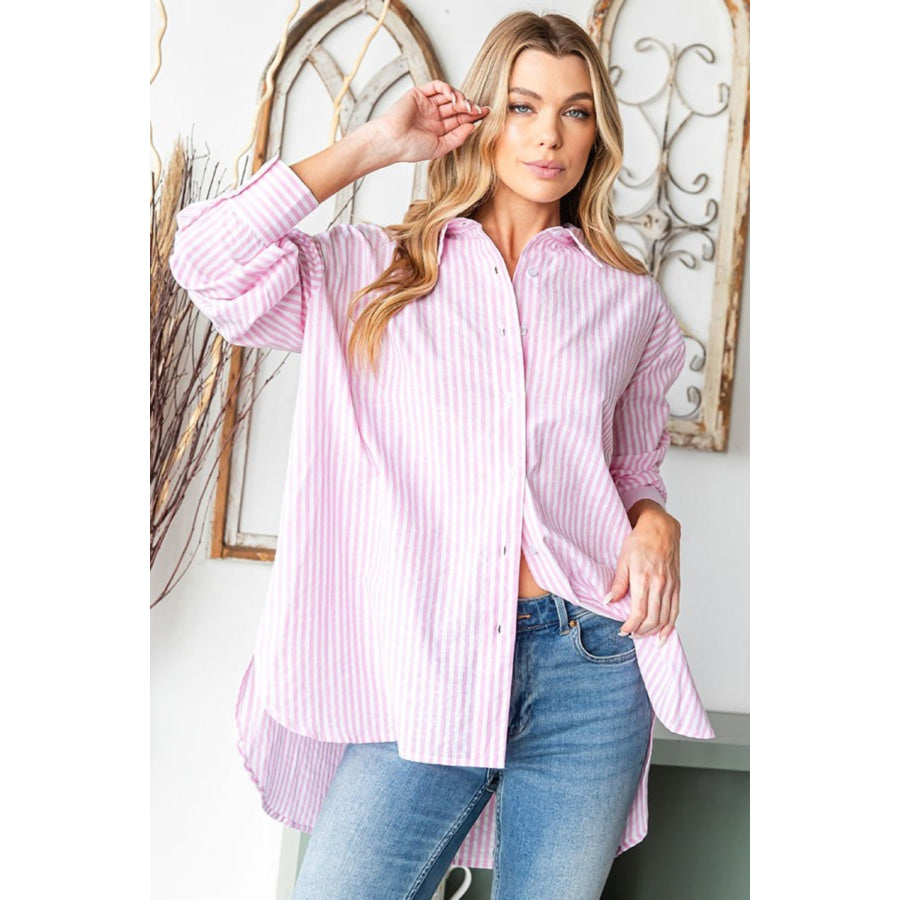 First Love Full Size Striped Button Down High-Low Hem Shirt Pink / S Apparel and Accessories