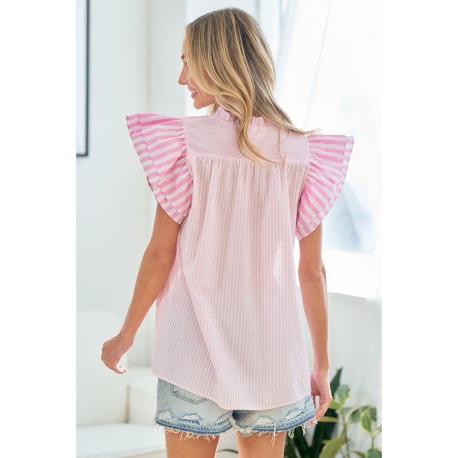 First Love Full Size Striped Flutter Sleeve Blouse Pink / S Apparel and Accessories