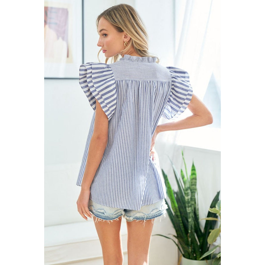 First Love Full Size Striped Flutter Sleeve Blouse Apparel and Accessories