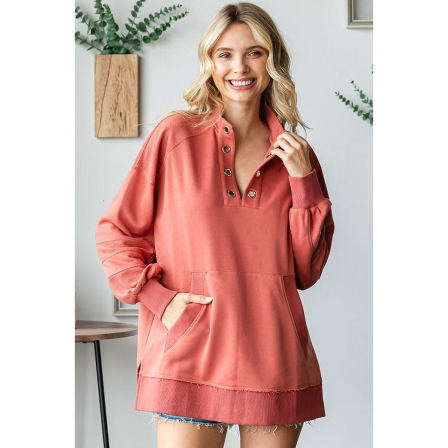 First Love Grommet Split Neck Kangaroo Pocket Sweatshirt Apparel and Accessories