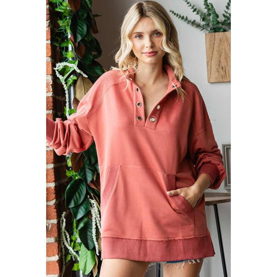 First Love Grommet Split Neck Kangaroo Pocket Sweatshirt Marsala / S Apparel and Accessories