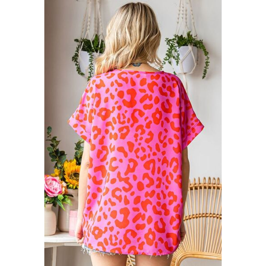 First Love Leopard V - Neck Short Sleeve Woven Top PINK / S Apparel and Accessories