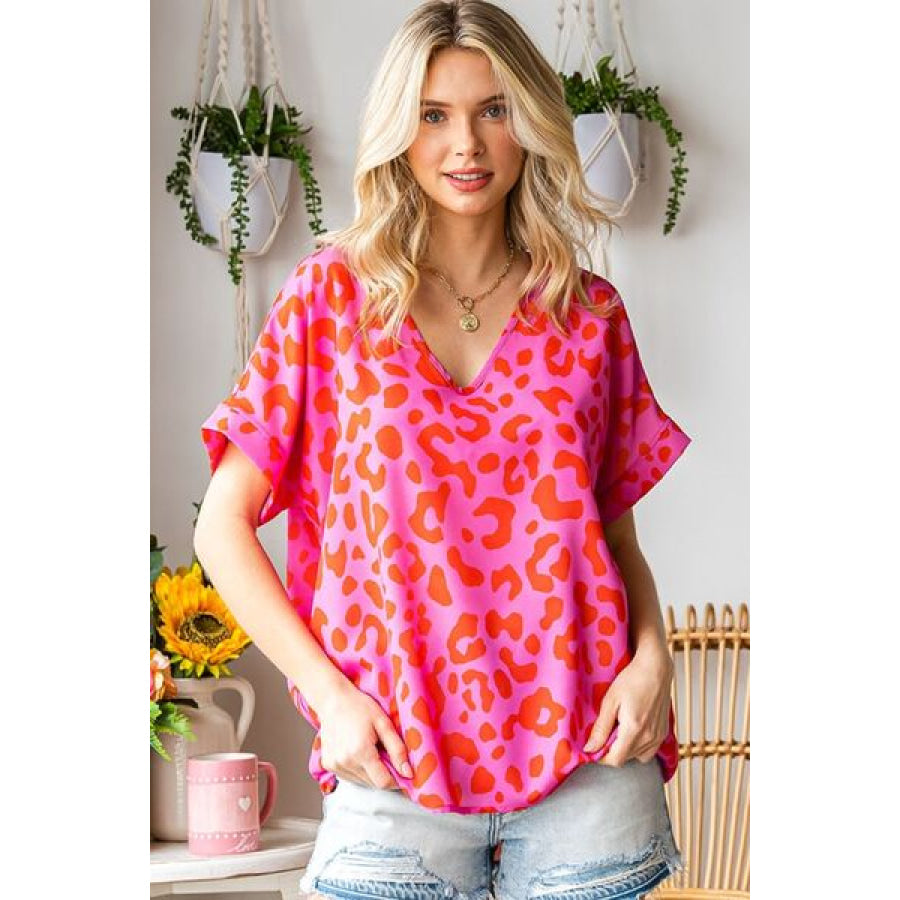 First Love Leopard V - Neck Short Sleeve Woven Top Apparel and Accessories