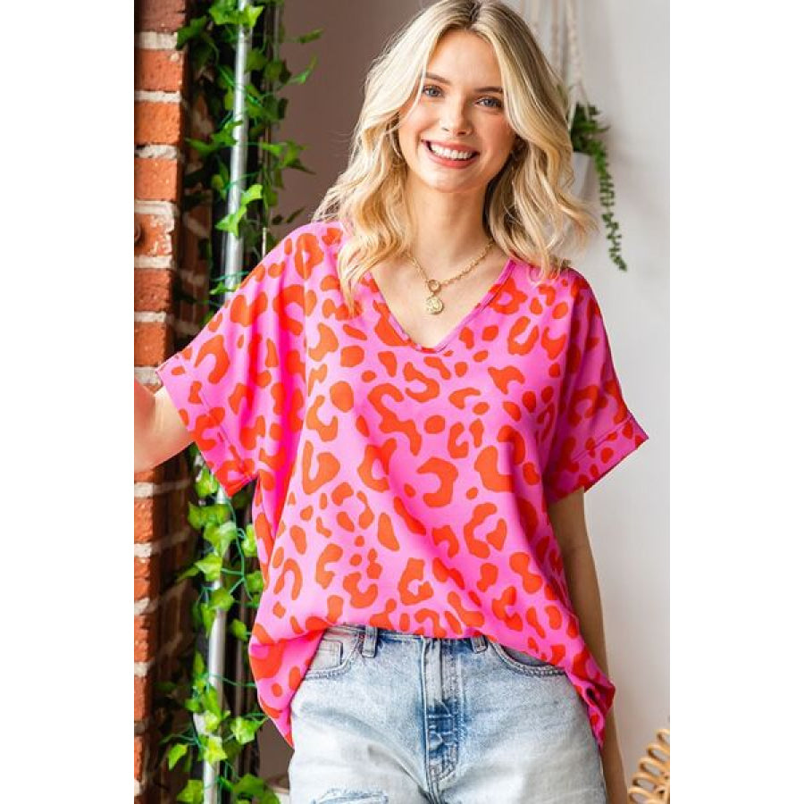 First Love Leopard V - Neck Short Sleeve Woven Top PINK / S Apparel and Accessories