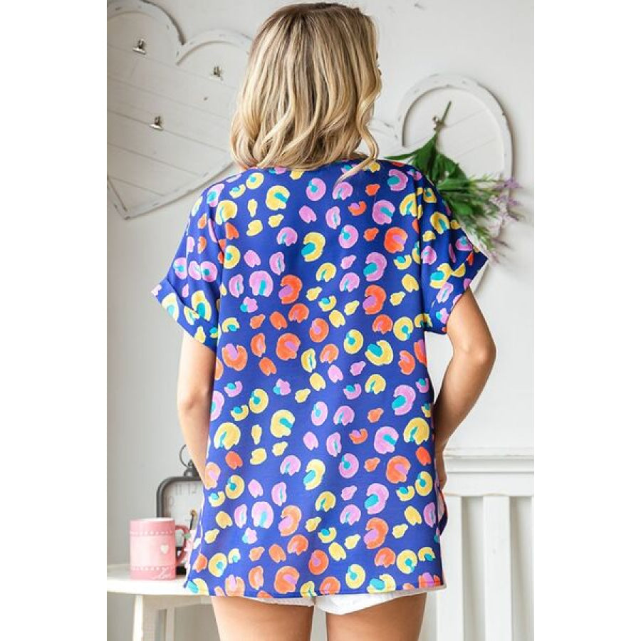 First Love Printed V - Neck Short Sleeve Blouse BLUEMULTI / S Apparel and Accessories