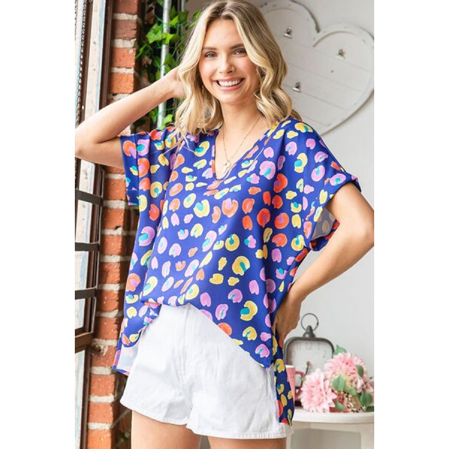 First Love Printed V - Neck Short Sleeve Blouse BLUEMULTI / S Apparel and Accessories