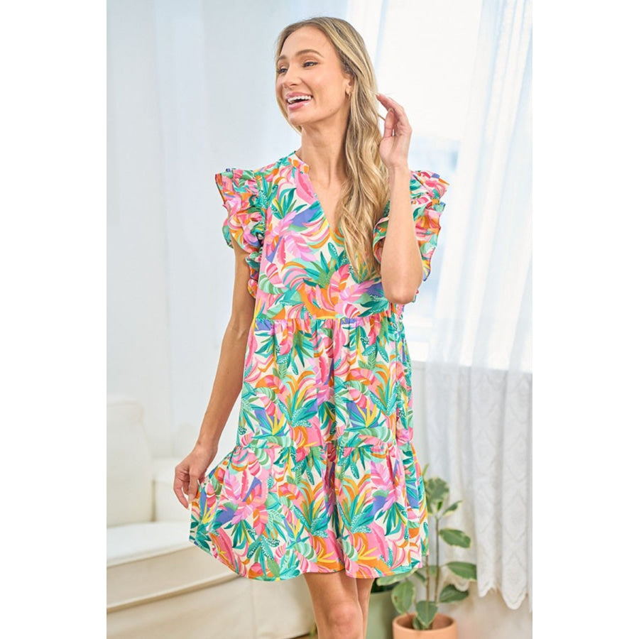 First Love Ruffled Printed Notched Cap Sleeve Dress Apparel and Accessories