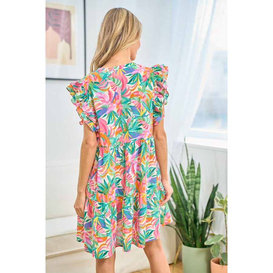 First Love Ruffled Printed Notched Cap Sleeve Dress Apparel and Accessories