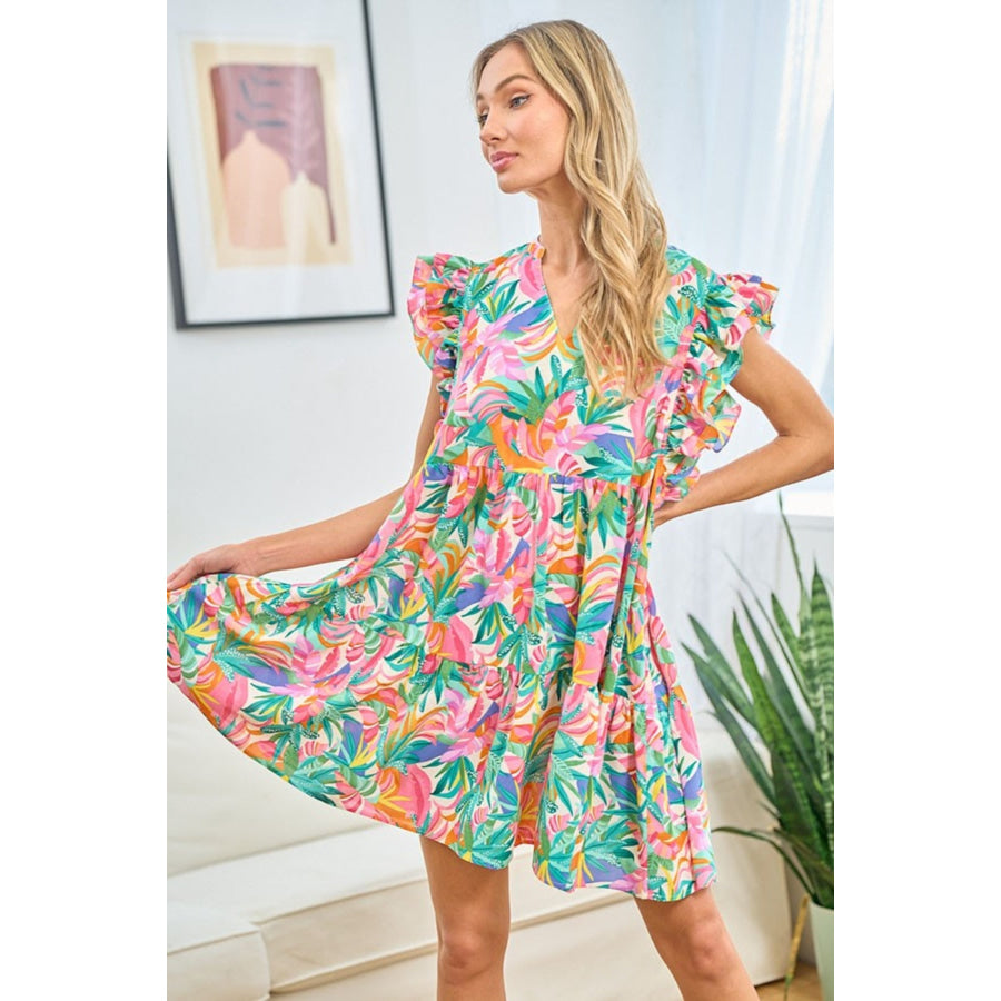 First Love Ruffled Printed Notched Cap Sleeve Dress Multi / S Apparel and Accessories