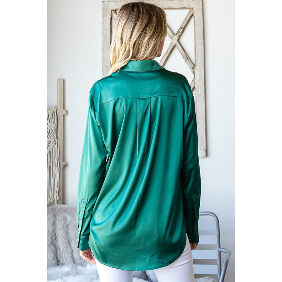 First Love Satin Long Sleeve Button Down Shirt Hunter Green / S Apparel and Accessories