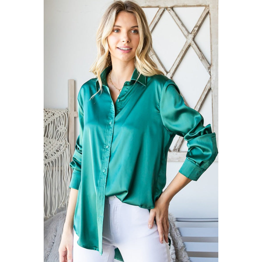 First Love Satin Long Sleeve Button Down Shirt Hunter Green / S Apparel and Accessories