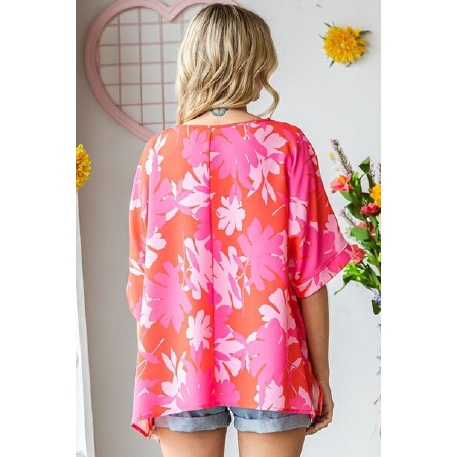 First Love Slit Printed Round Neck Half Sleeve Blouse CORALMULTI / S Apparel and Accessories