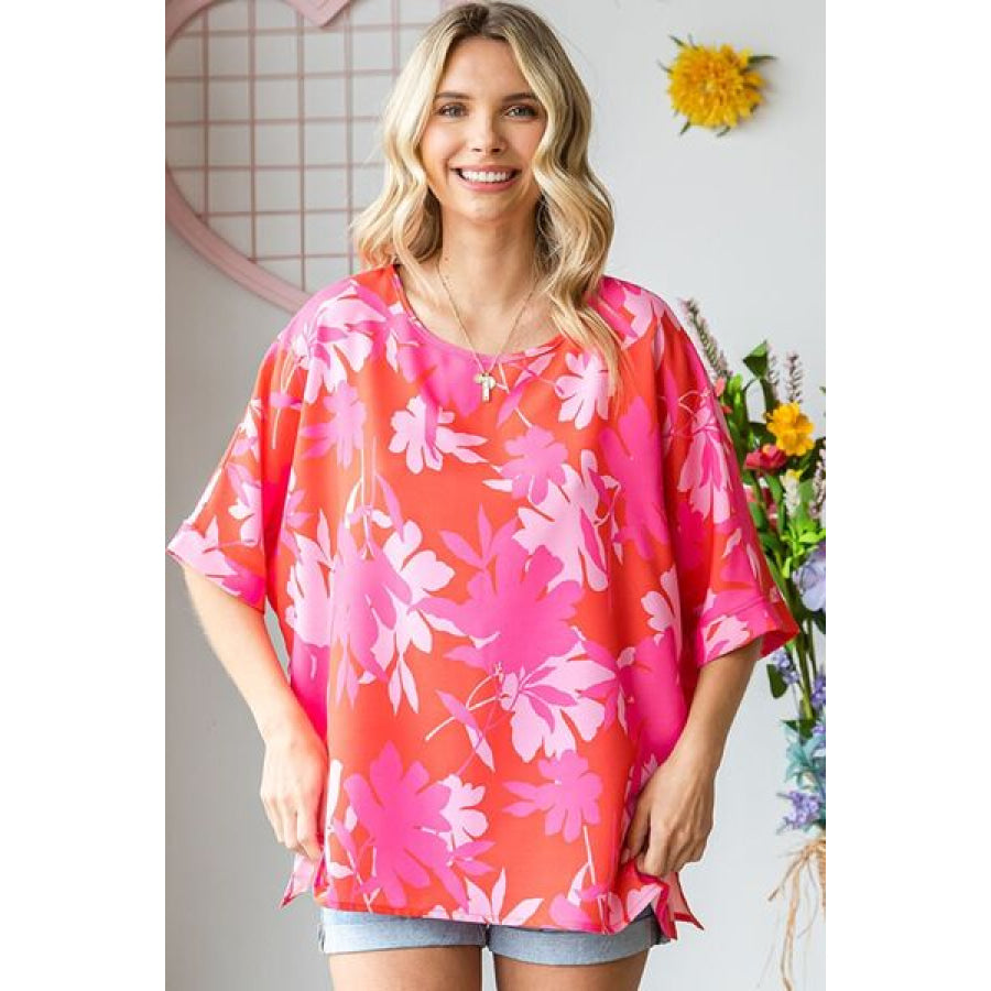 First Love Slit Printed Round Neck Half Sleeve Blouse Apparel and Accessories