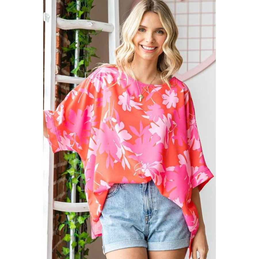 First Love Slit Printed Round Neck Half Sleeve Blouse CORALMULTI / S Apparel and Accessories