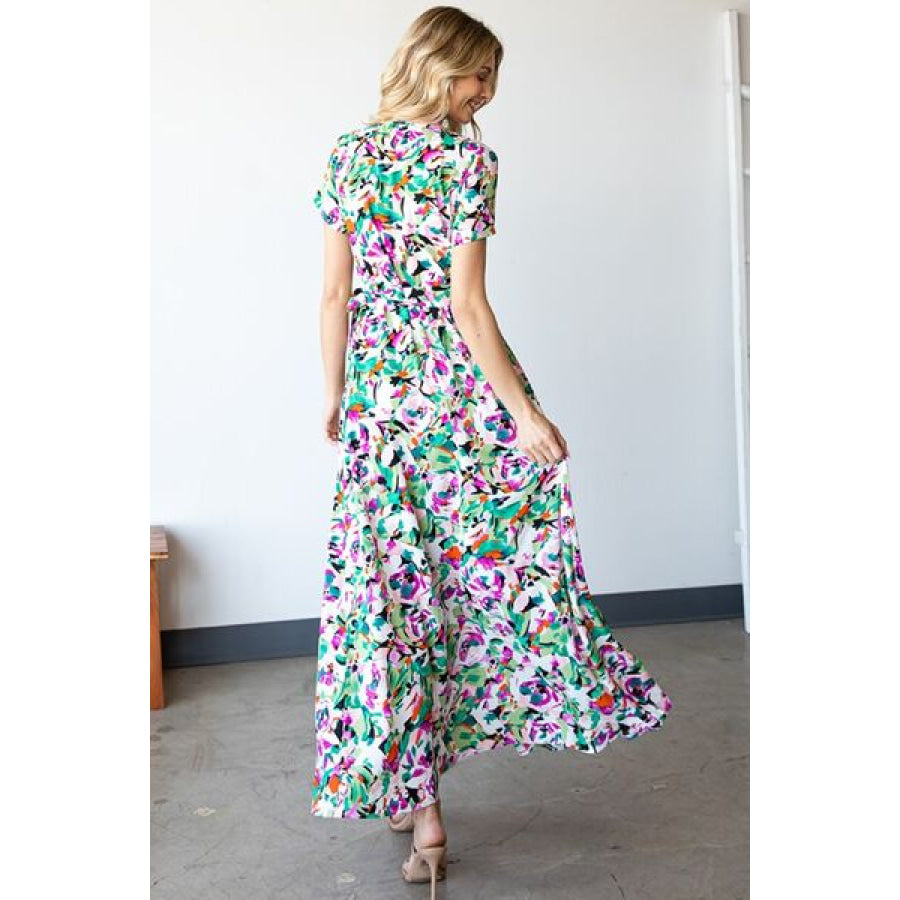 First Love Slit Printed Surplice Tie Waist Short Sleeve Dress MULTI / S Apparel and Accessories