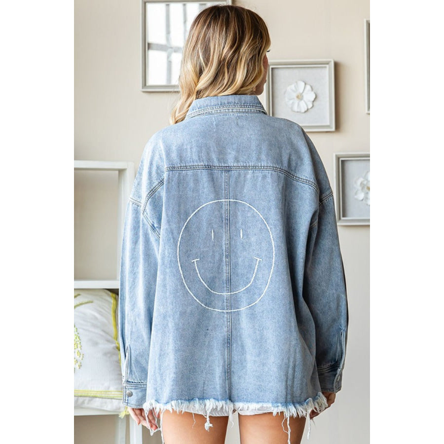 First Love Smile Face Button Down Raw Hem Denim Jacket Denim / S Apparel and Accessories