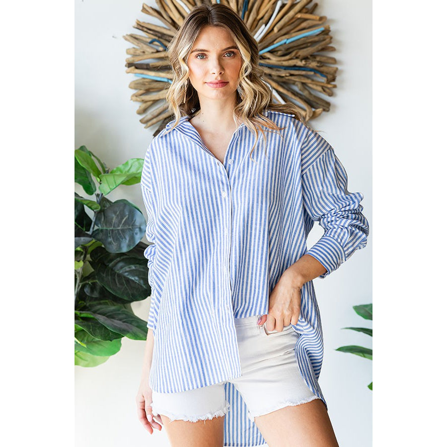 First Love Striped Button Down High-Low Hem Shirt Apparel and Accessories