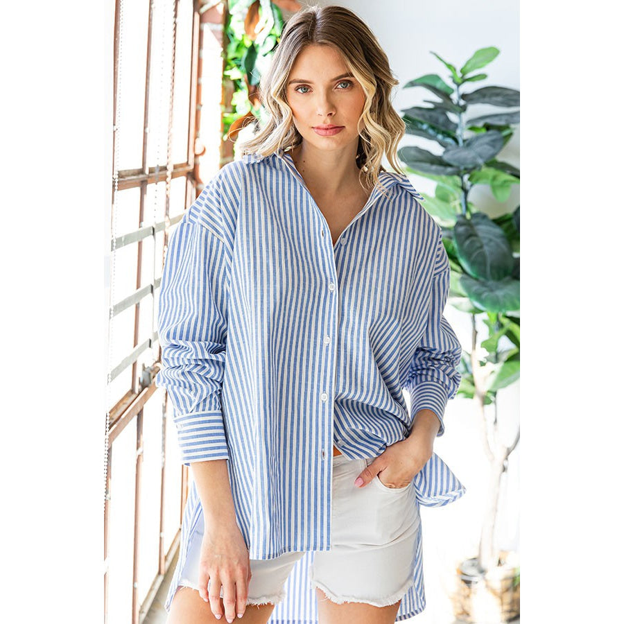 First Love Striped Button Down High-Low Hem Shirt Apparel and Accessories