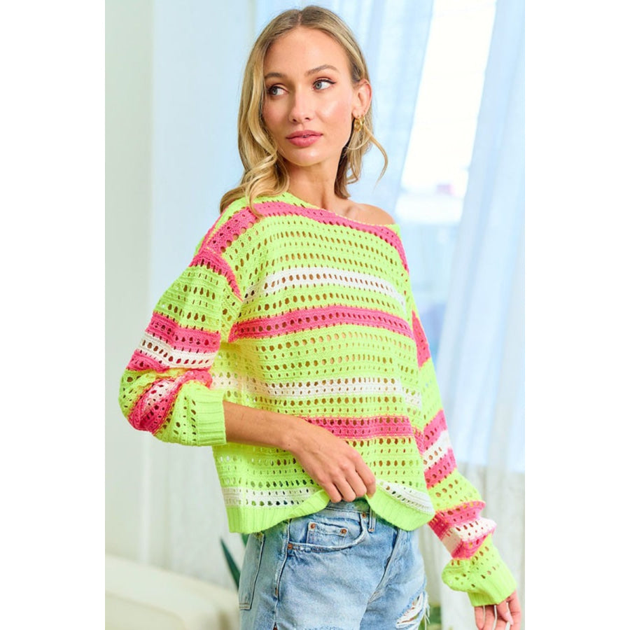 First Love Striped Long Sleeve Openwork Knit Top Apparel and Accessories