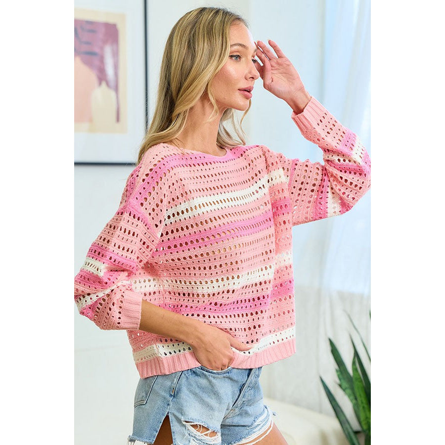 First Love Striped Long Sleeve Openwork Knit Top Apparel and Accessories