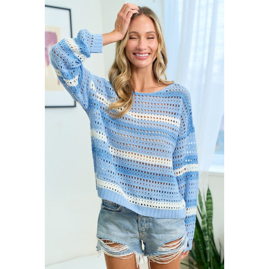 First Love Striped Long Sleeve Openwork Knit Top Apparel and Accessories