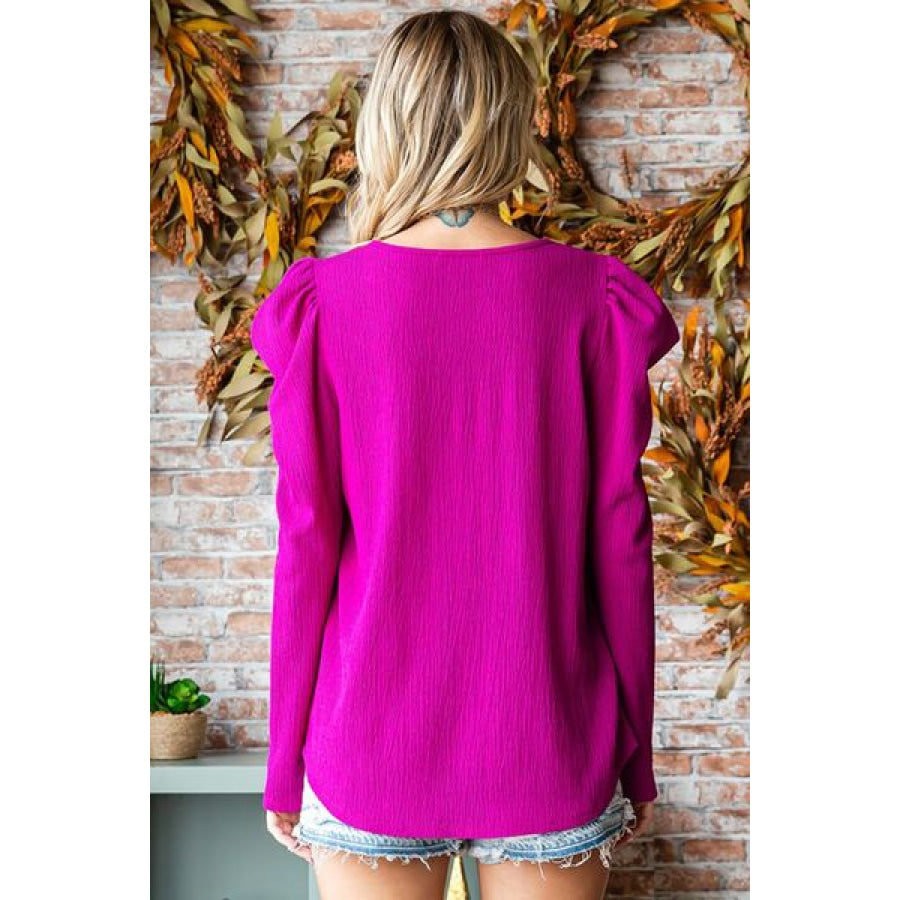 First Love Texture Puff Sleeve Round Neck Blouse MAGENTA / S Apparel and Accessories