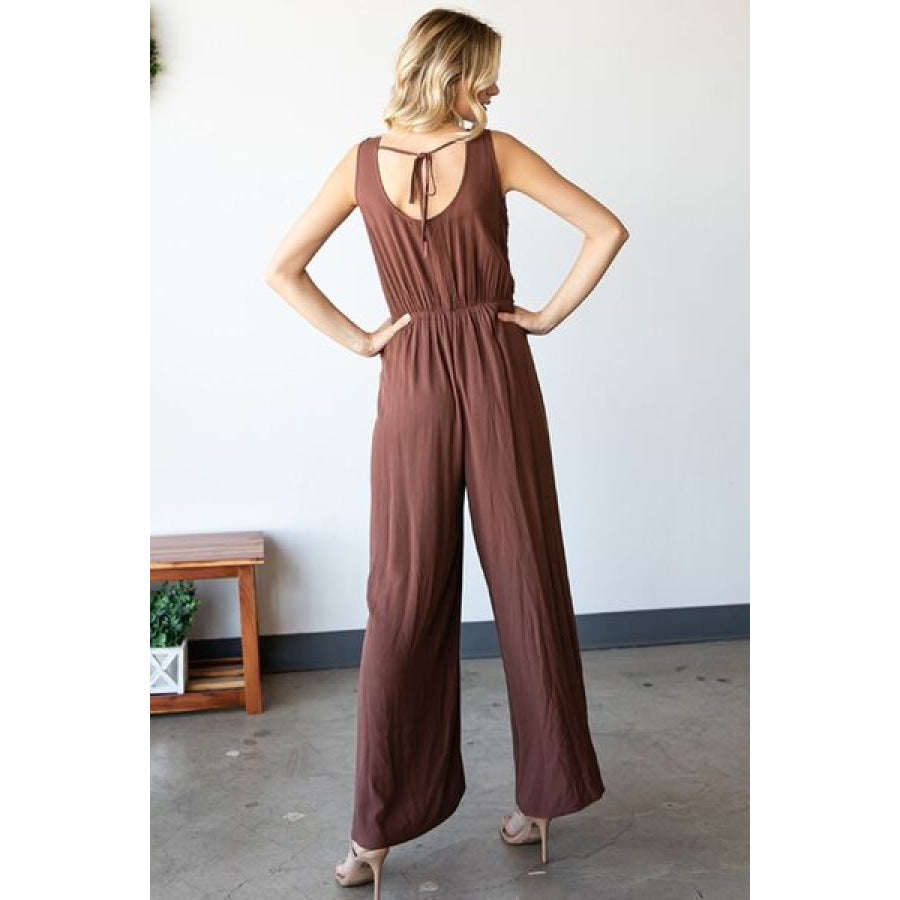 First Love Tie Back Sleeveless Slit Wide Leg Jumpsuit Apparel and Accessories