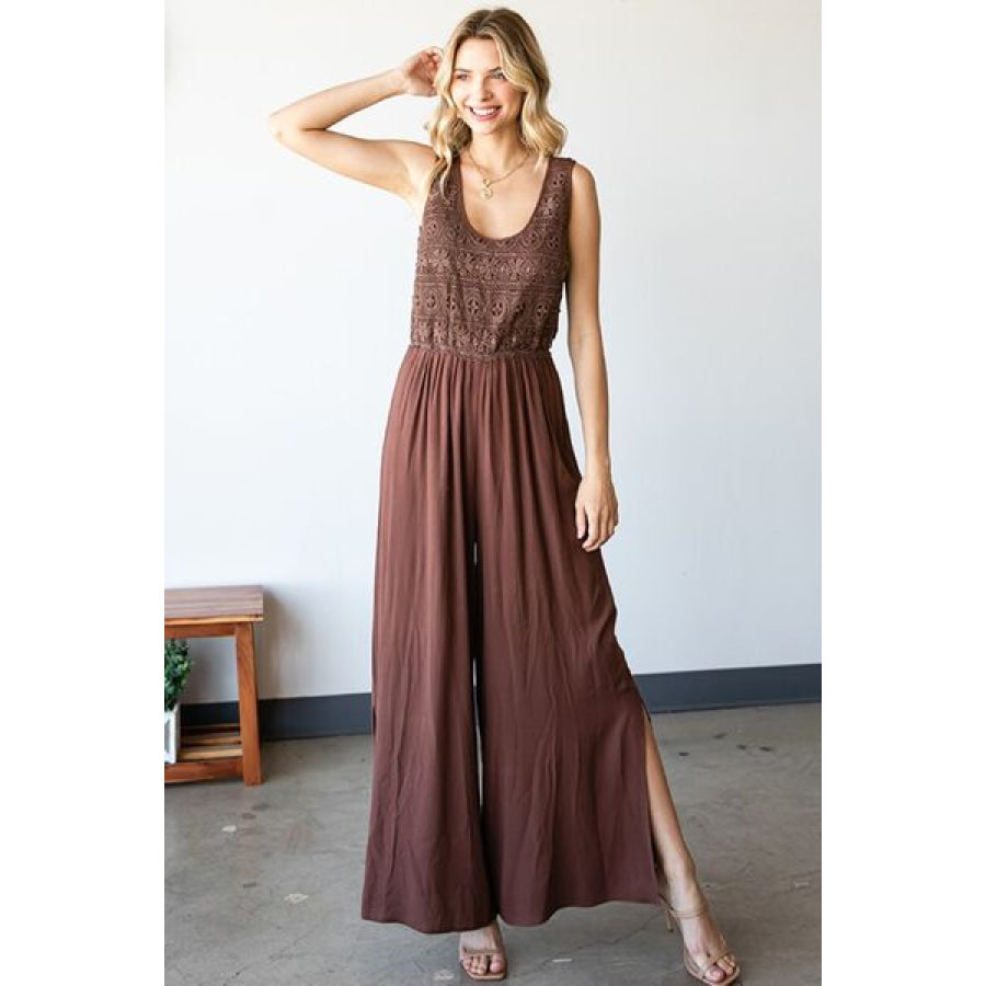 First Love Tie Back Sleeveless Slit Wide Leg Jumpsuit Apparel and Accessories